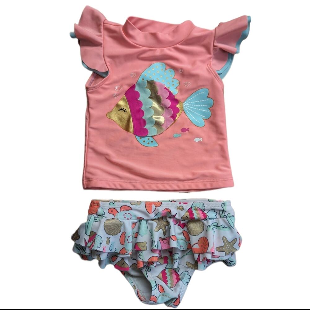 Wetsuit Club Toddler Two Piece Ruffle Fish Ocean Print Ruffle Bottoms Swim Suit